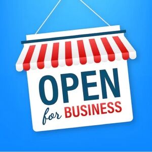 Open for Business Sign with Red and Blue Stripes